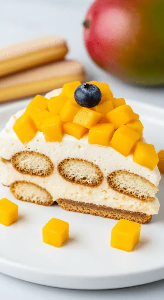 Assemblage couches tiramisu mangue-coco montrant stratification tropicale