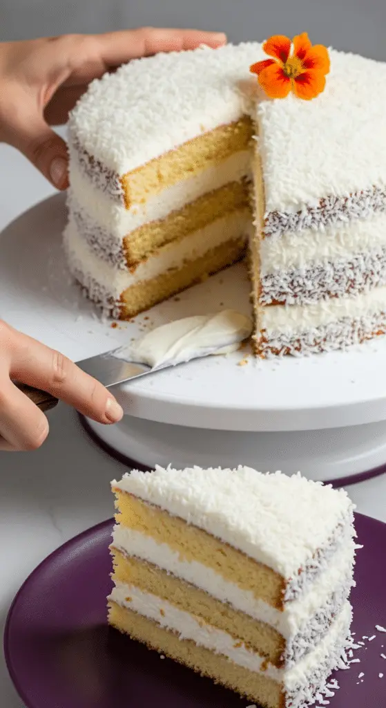 Gâteau Mont-Blanc antillais couches génoise crème coco décoré noix coco langues chat