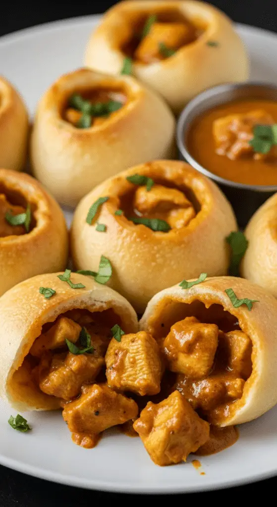 Bombes pizza poulet curry crémeux dorées garniture fondante