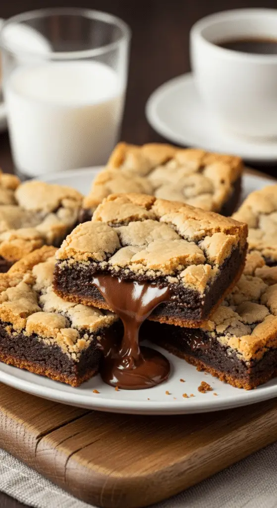 Brookie bars cœur coulant chocolat coupées montrant les trois couches distinctes