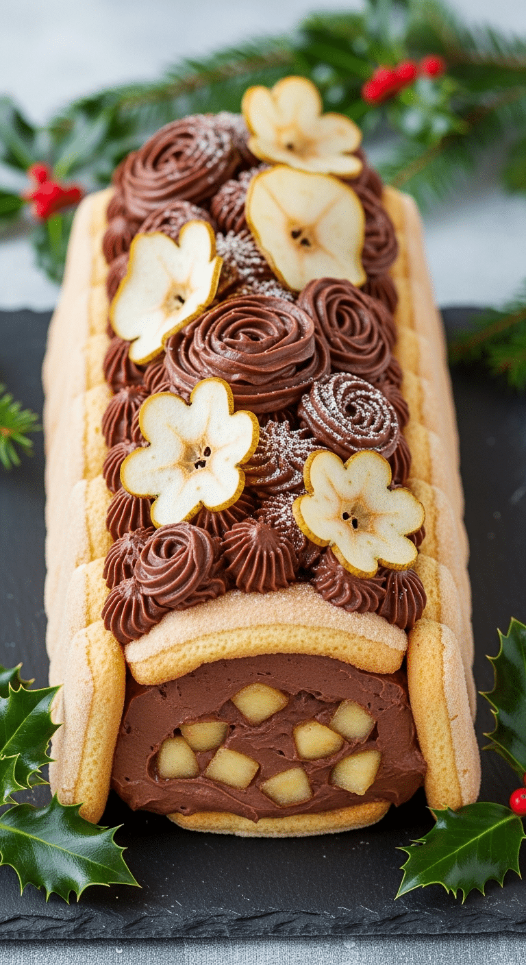 Bûche choco-poire façon charlotte élégante mousses aériennes