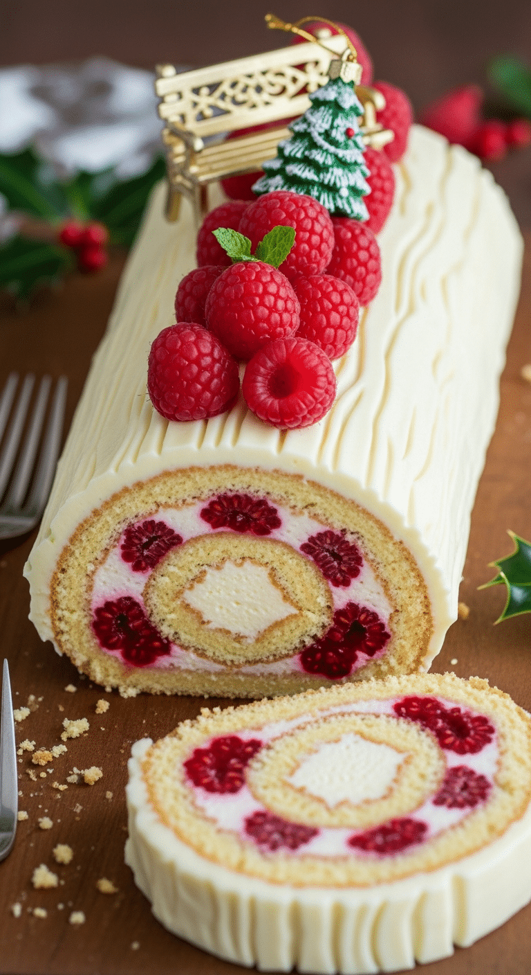Bûche mascarpone framboises élégante avec spirale visible décoration festive