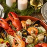 Cassolette de la mer de Noël gratinée dorée saint-jacques crevettes sauce crémeuse