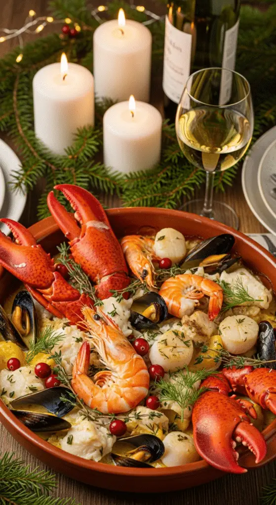 Cassolette de la mer de Noël gratinée dorée saint-jacques crevettes sauce crémeuse