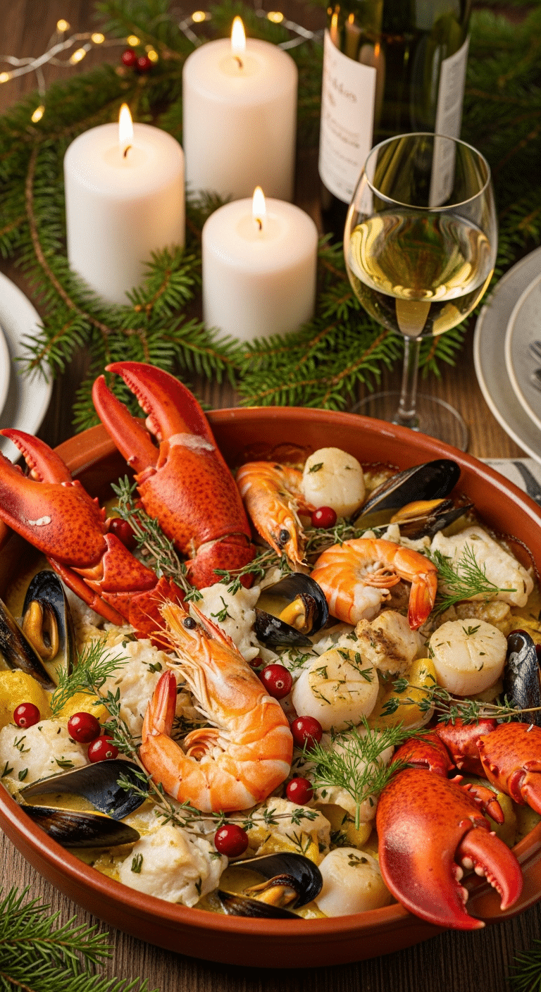 Cassolette de la mer de Noël gratinée dorée saint-jacques crevettes sauce crémeuse