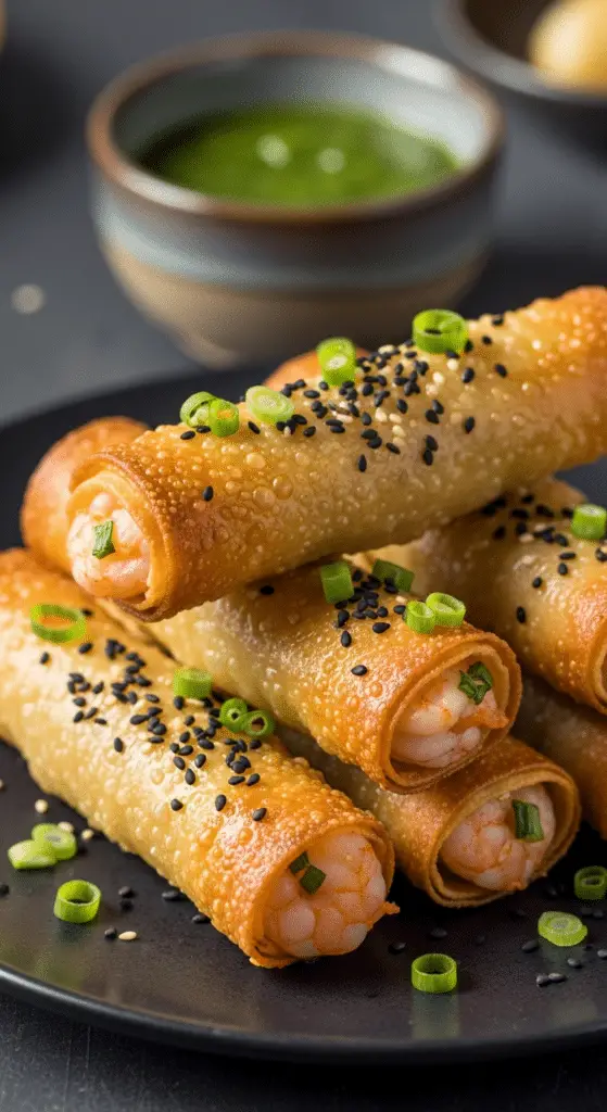 Cigares croustillants crevettes ail dorés élégants sophistiqués raffinés