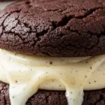 Cookie sandwich chocolat noir cœur crème vanille coulant coupé en deux