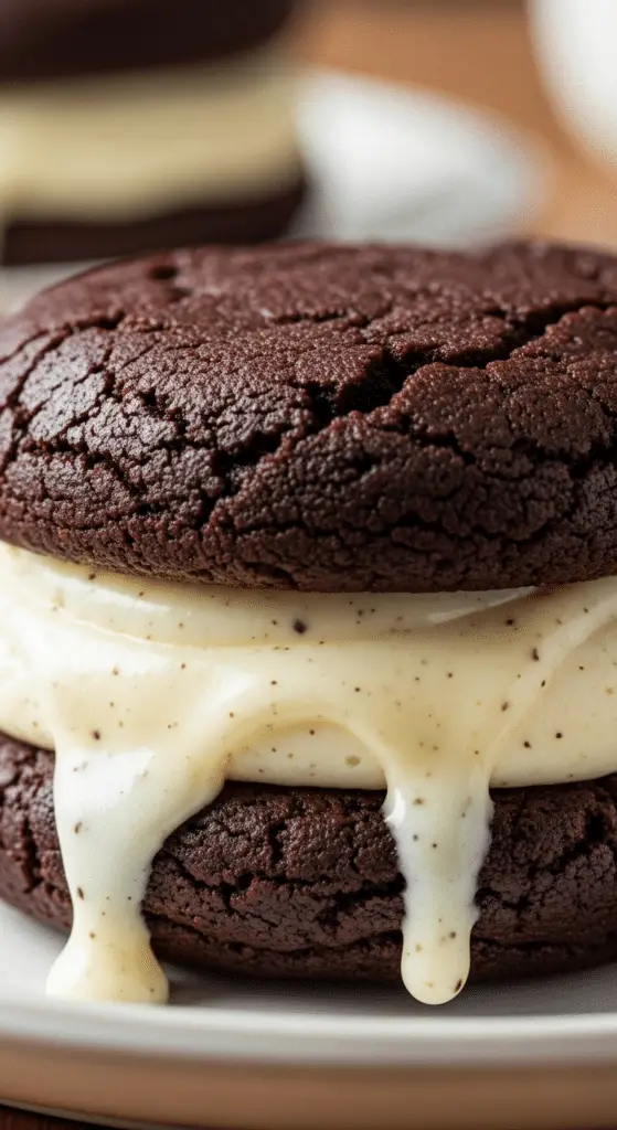 Cookie sandwich chocolat noir cœur crème vanille coulant coupé en deux