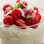 Crème dessert coco légère et mousseuse dans une verrine transparente avec coco grillée