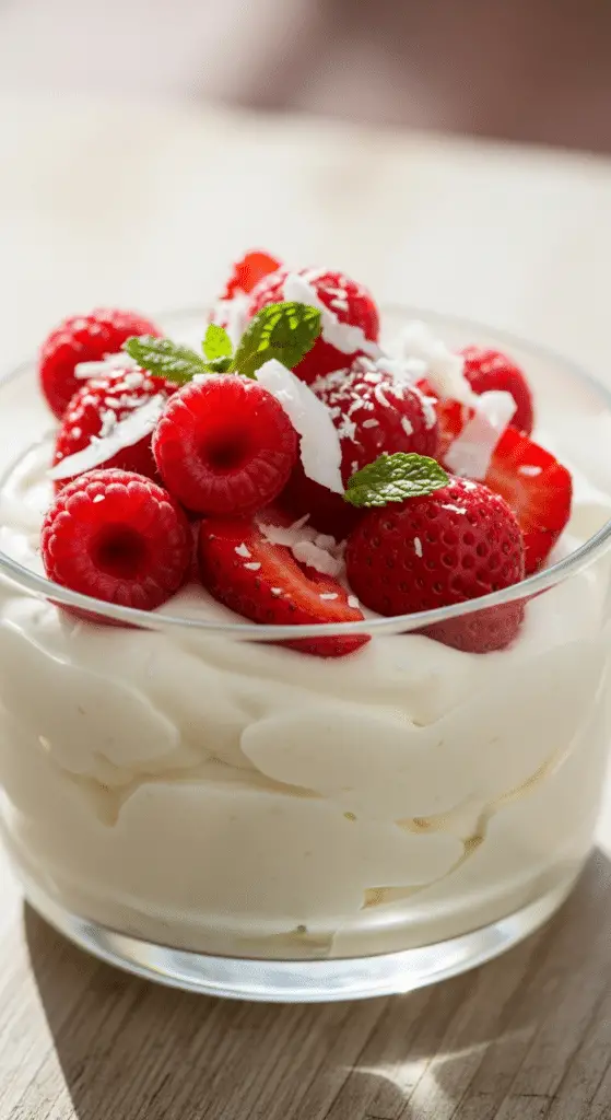 Crème dessert coco légère et mousseuse dans une verrine transparente avec coco grillée