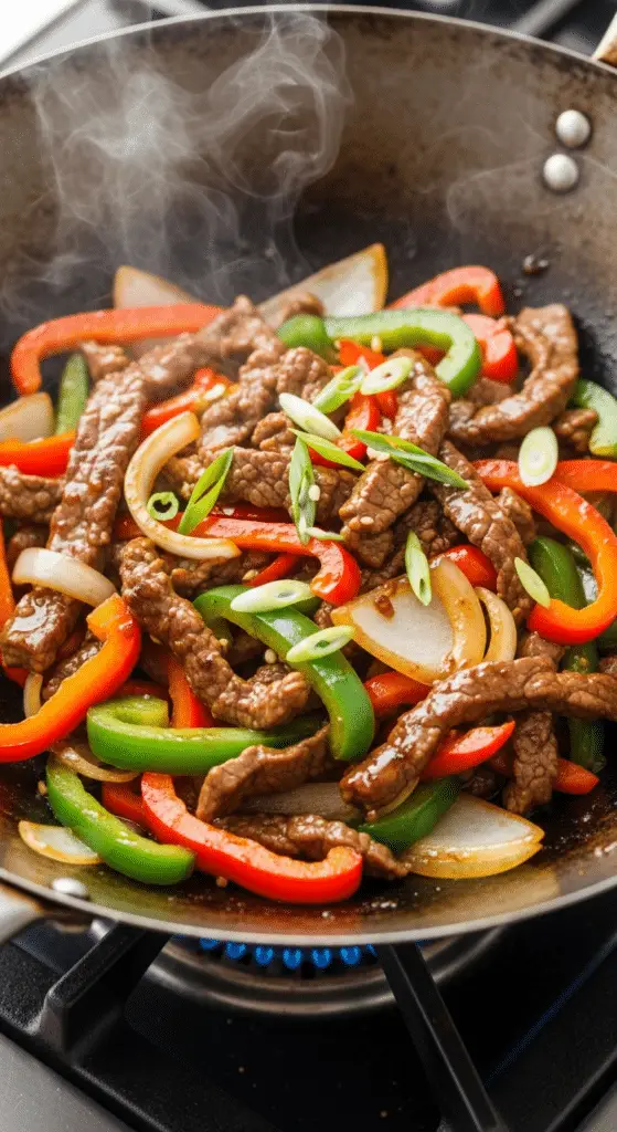 Cuisson à feu vif bœuf et poivrons dans wok fumant technique traditionnelle