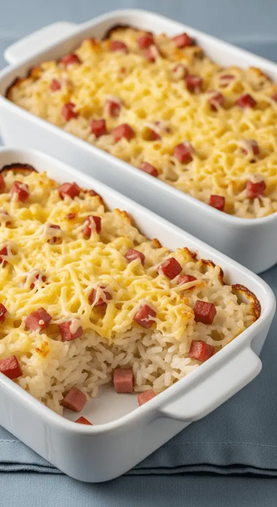 Gratin léger de riz jambon cuisant au four avec fromage doré bullant