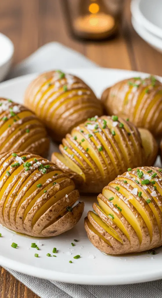 Pommes terre Hasselback dorées sortant four beurre fondu herbes aromatiques