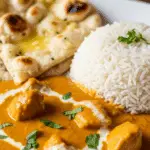 Curry poulet crémeux riz basmati pain naan authentique indien