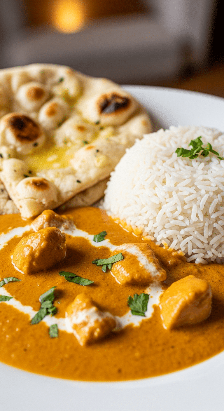Curry poulet crémeux riz basmati pain naan authentique indien