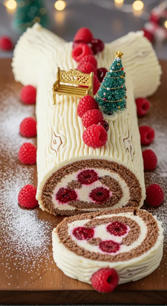 Décoration bûche avec texture écorce fourchette framboises fraîches élégantes