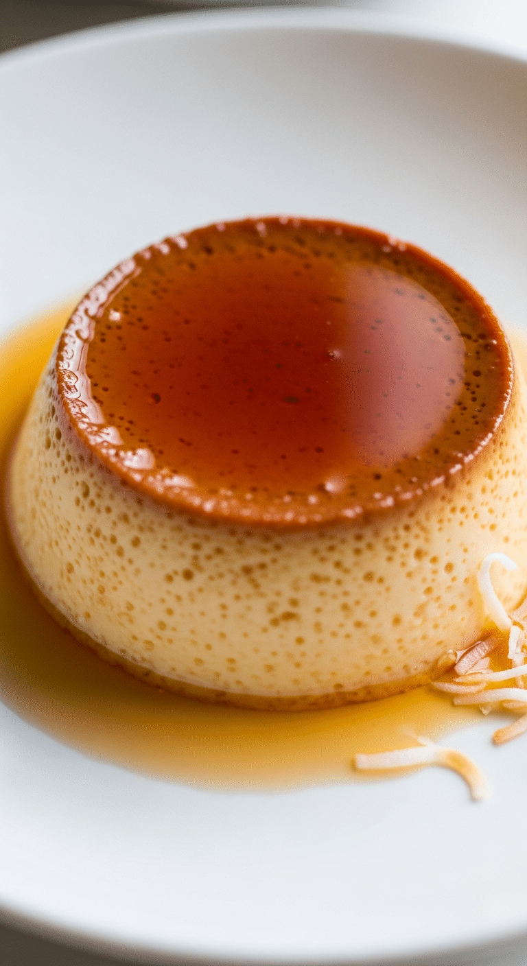 Flan coco caramélisé sauce caramel dorée texture crémeuse noix coco râpée