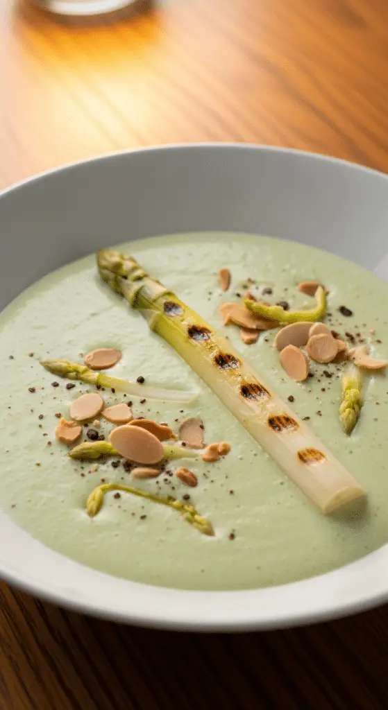 Gaspacho d'asperges blanches velouté ivoire avec herbes fraîches verrines élégantes