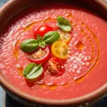 Gaspacho pastèque huile olive basilic rose fuschia frais rafraîchissant