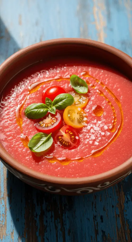 Gaspacho pastèque huile olive basilic rose fuschia frais rafraîchissant