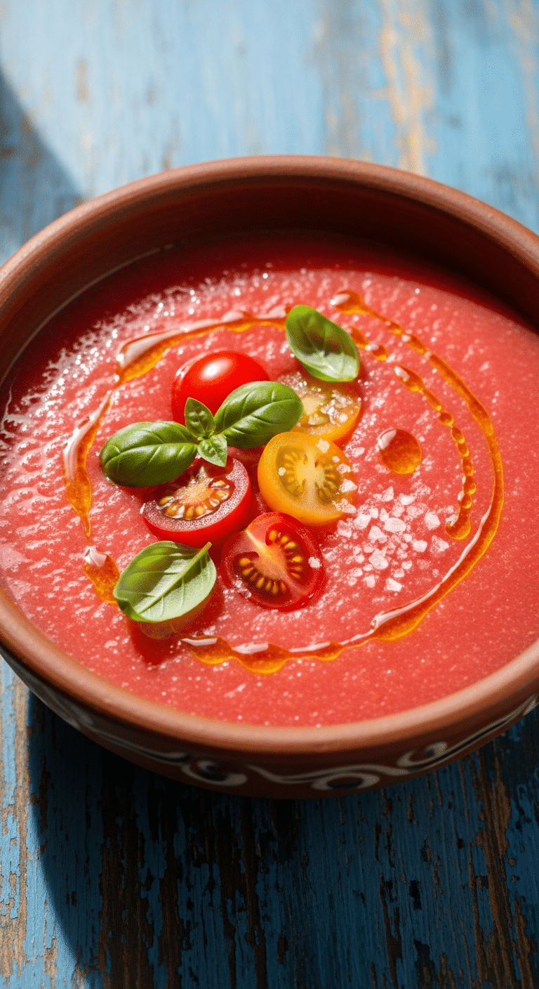 Gaspacho pastèque huile olive basilic rose fuschia frais rafraîchissant
