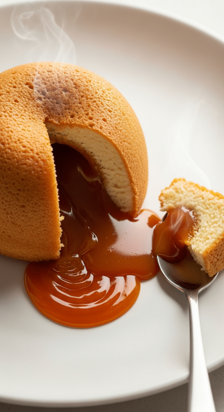 Gâteau au caramel fondant avec sauce caramel dorée coulante texture moelleuse
