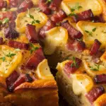 Gâteau fondant raclette lard fumé tranché montrant couches pommes terre fromage coulant