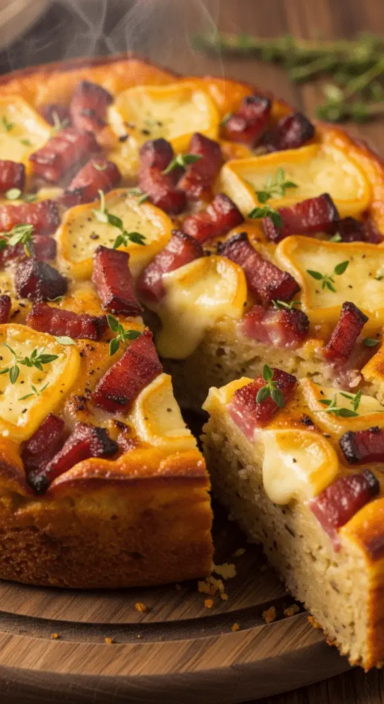 Gâteau fondant raclette lard fumé tranché montrant couches pommes terre fromage coulant