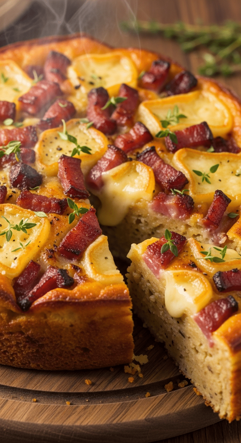 Gâteau fondant raclette lard fumé tranché montrant couches pommes terre fromage coulant