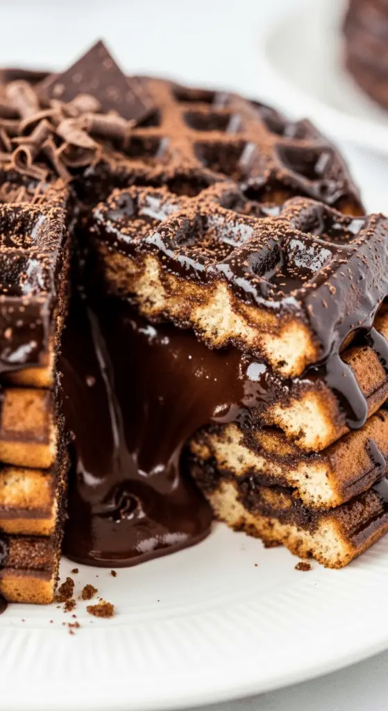 Gâteau de gaufres chocolat coulant spectaculaire avec ganache ruisselante couches