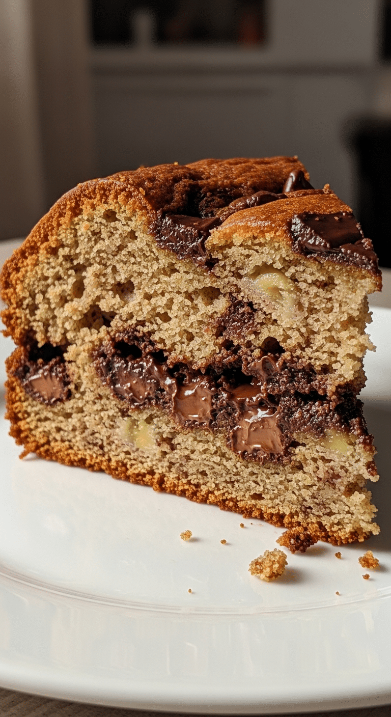 Gâteau moelleux banane chocolat petit-déjeuner tranché texture fondante café