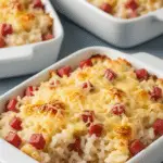 Gratin léger de riz au jambon avec croûte dorée fromage light et ciboulette