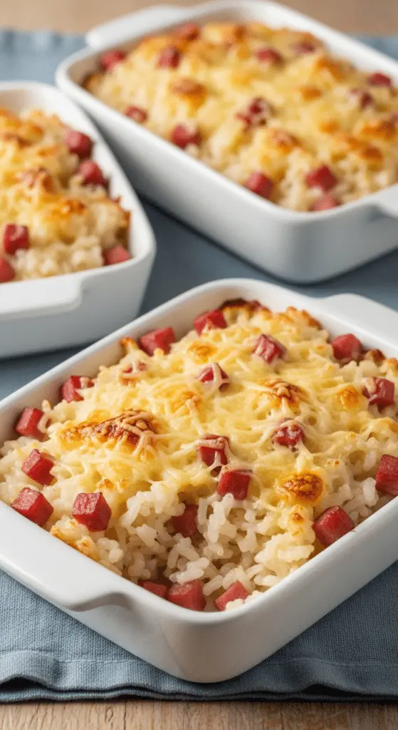 Gratin léger de riz au jambon avec croûte dorée fromage light et ciboulette