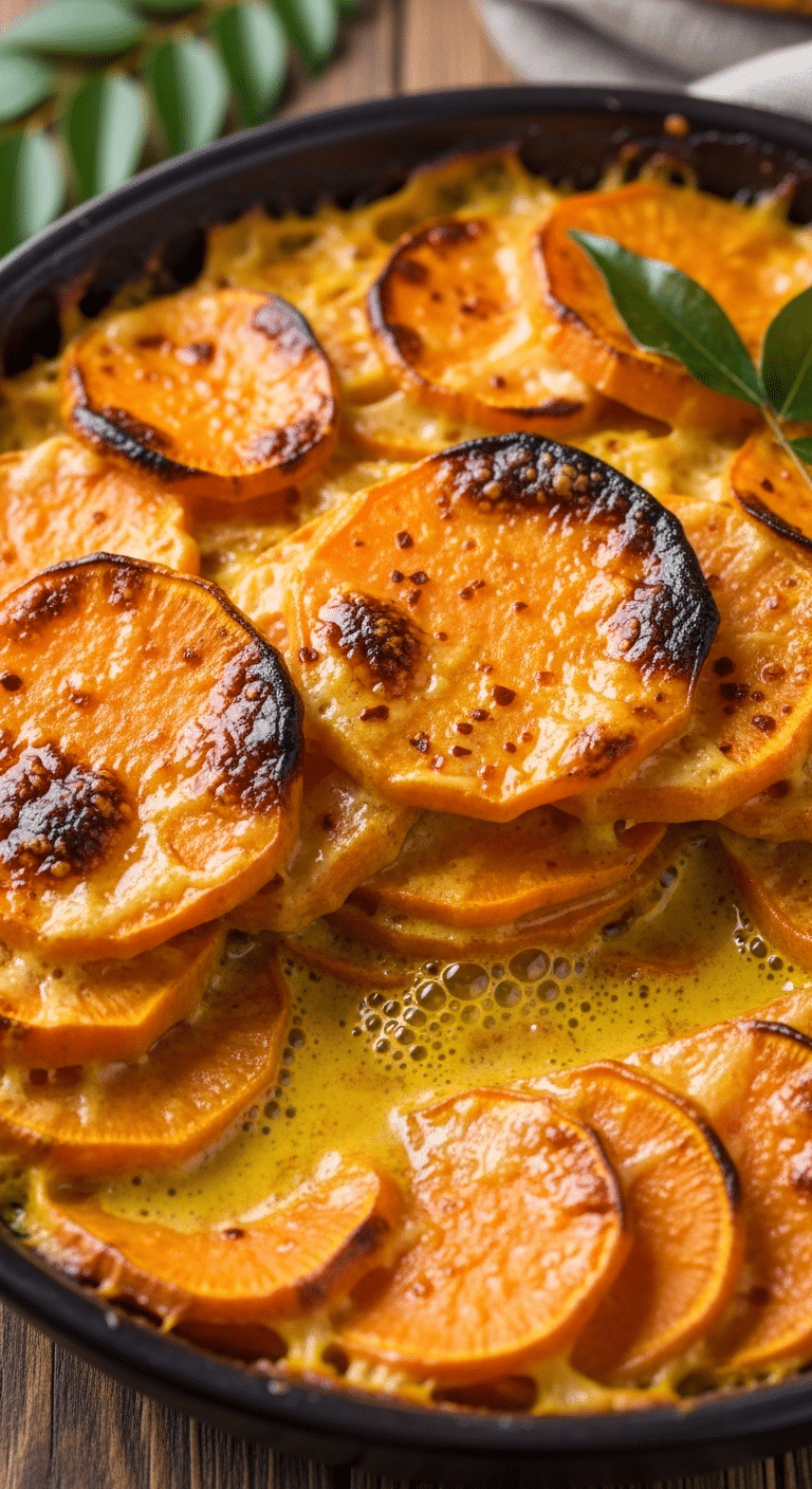 Gratin patates douces crème coco curry doré fondant exotique
