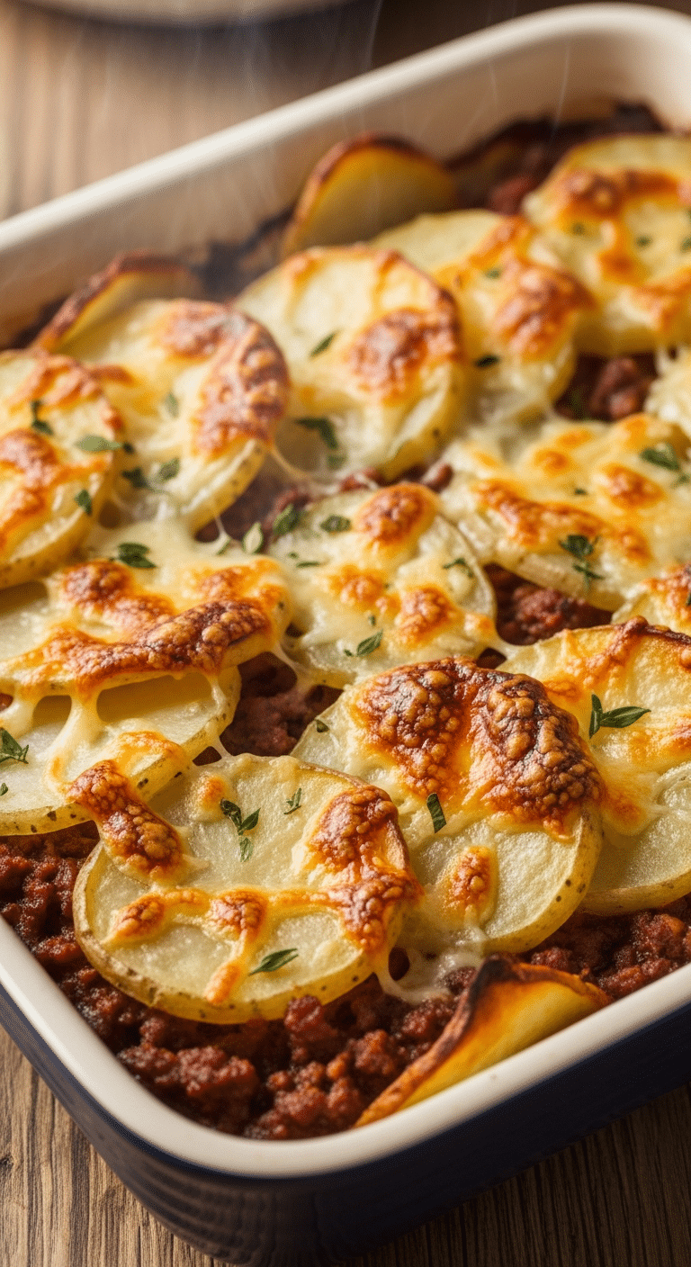 Gratin pommes terre viande hachée doré crémeux généreux familial