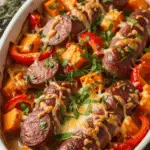 Gratin saucisses patate douce poivron doré fromage fondant
