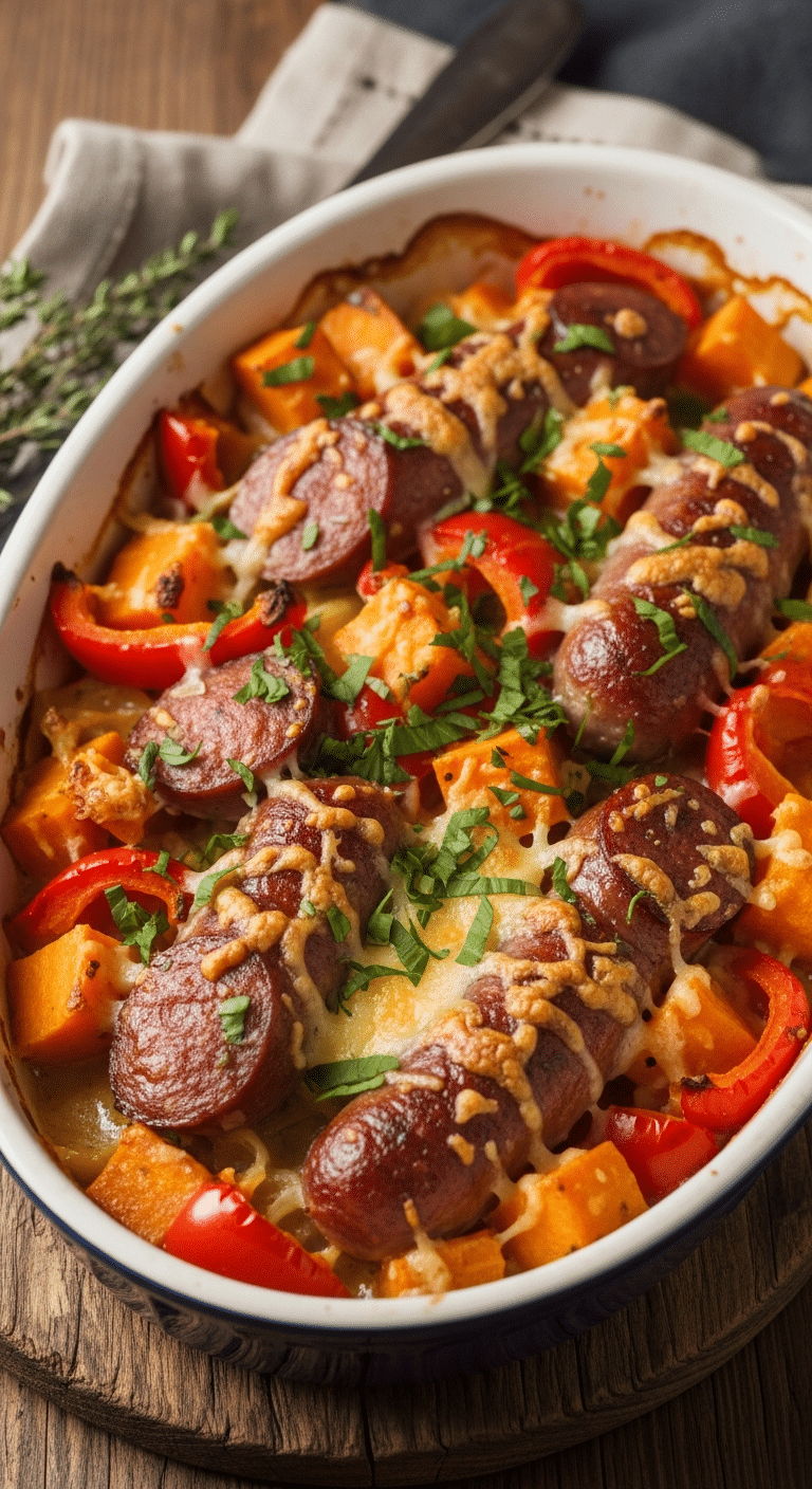 Gratin saucisses patate douce poivron doré fromage fondant