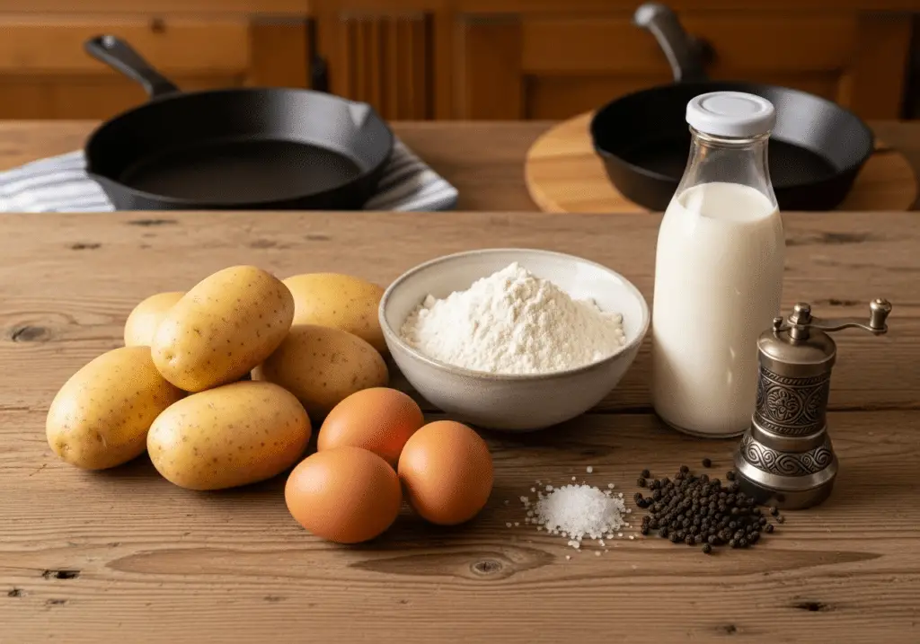 Ingrédients simples pour beignets savoyards pommes terre disposés style montagnard