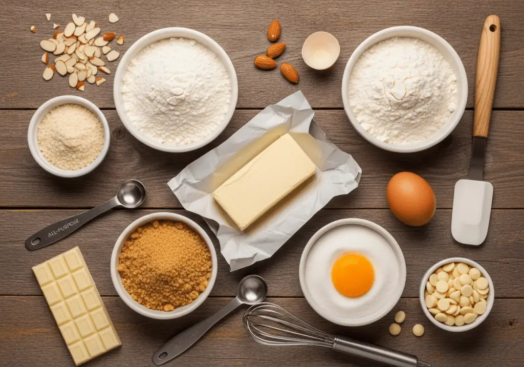 Ingrédients pour biscuits amande chocolat blanc disposés style boulangerie