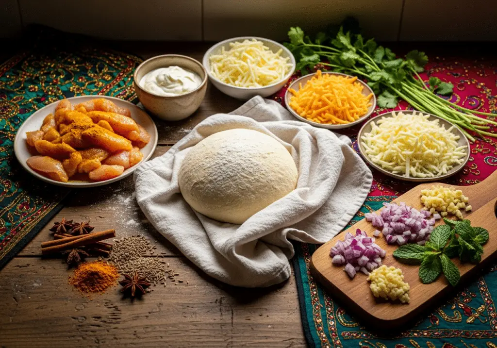 Ingrédients bombes pizza poulet curry crémeux fusion sélectionnés