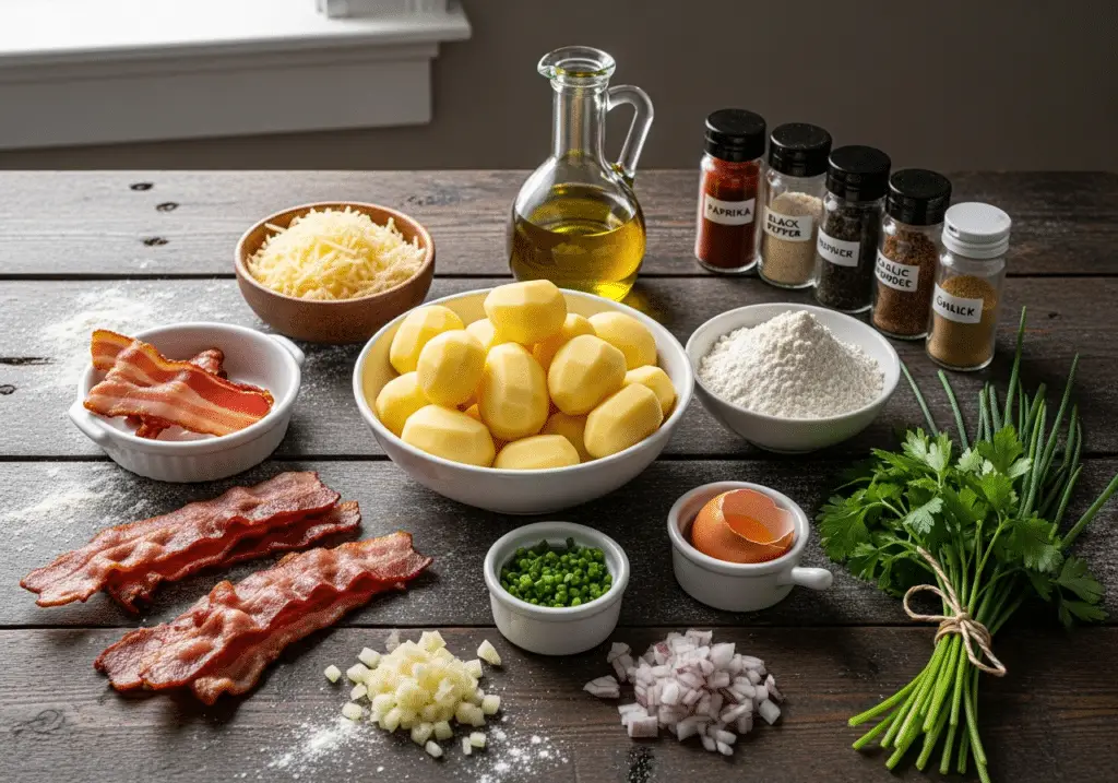 Ingrédients bouchées pommes terre lard fromage simples qualité