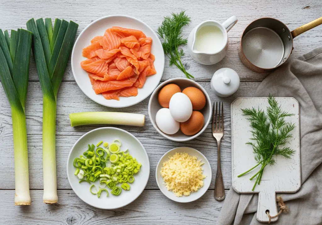 Ingrédients nobles pour bouchées saumon fumé poireaux disposés style élégant
