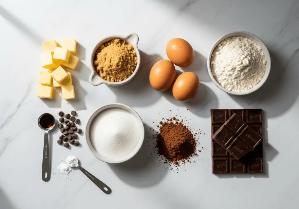 Ingrédients pour brookie bars chocolat disposés sur marbre blanc