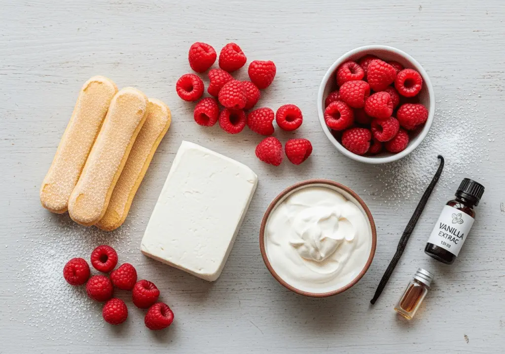 Ingrédients nobles pour bûche mascarpone framboise sans cuisson disposés élégant