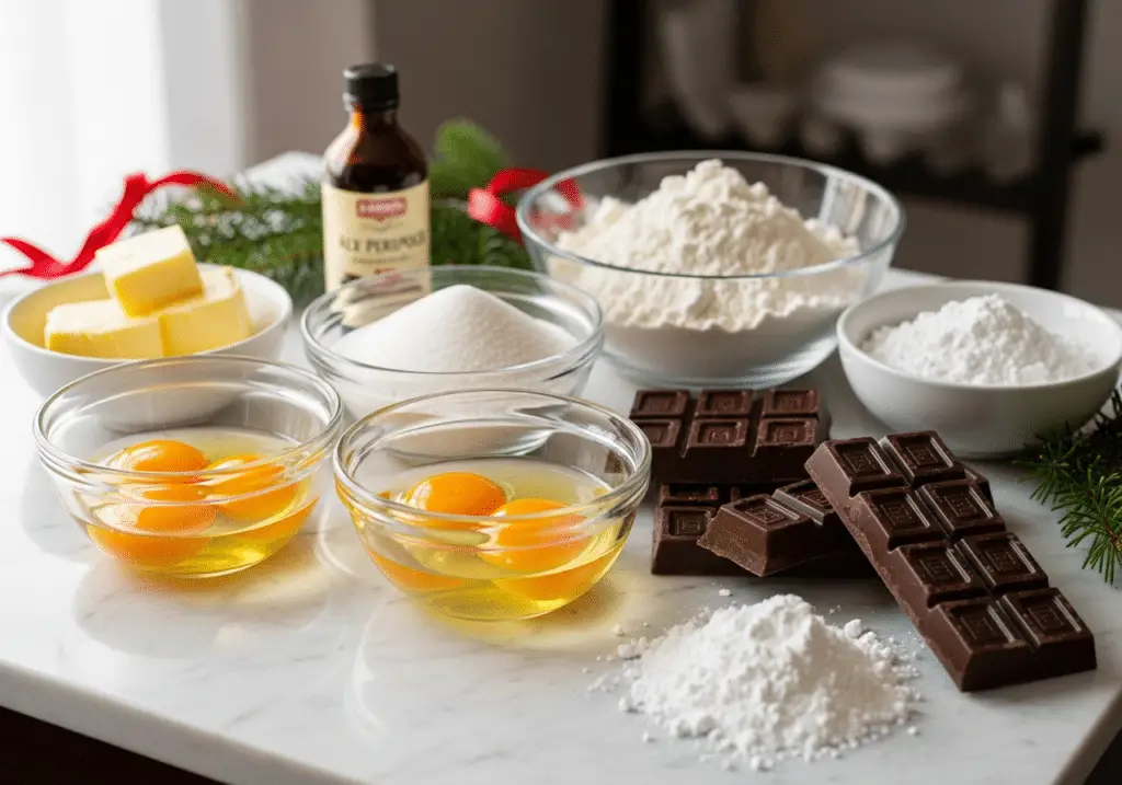 Ingrédients bûche Noël traditionnelle simples qualité essentiels