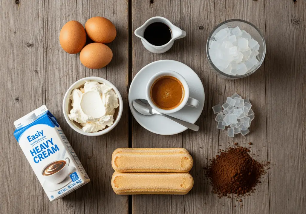 Ingrédients pour bûche tiramisu facile disposés style italien élégant