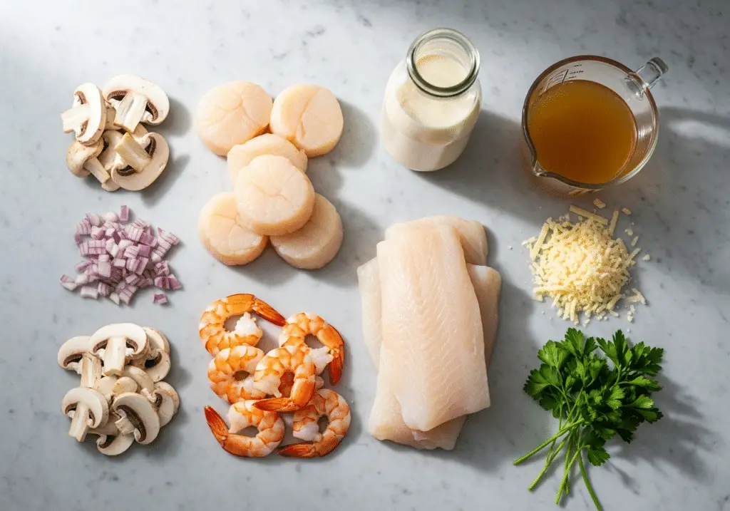 Ingrédients cassolette mer : saint-jacques crevettes poisson champignons crème fromage