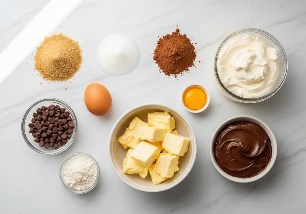 Ingrédients pour cookie sandwich chocolat disposés sur marbre blanc