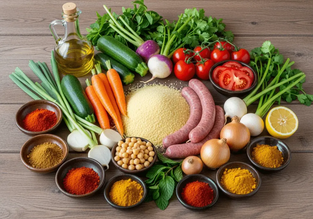 Ingrédients couscous merguez légumes traditionnel frais épices