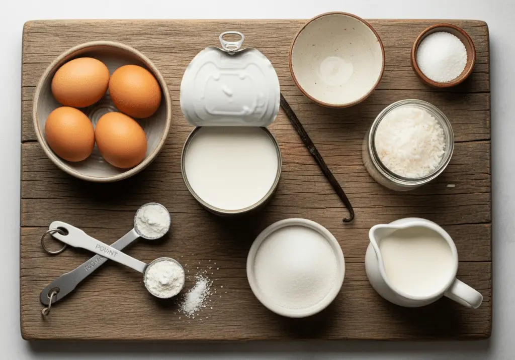 Ingrédients complets pour crème dessert coco disposés sur planche en bois rustique